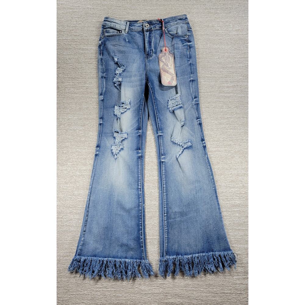 Elite Jeans Juniors 11/12 Flare Denim Distressed Fringe Hem Y2K Deadstock NWT - Picture 7 of 14